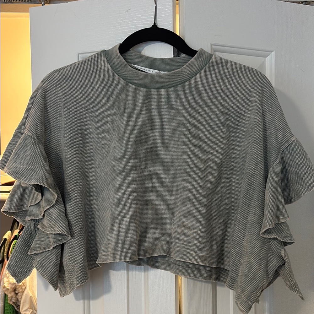 Altar'd State Gray Crop Ruffled Hoodie